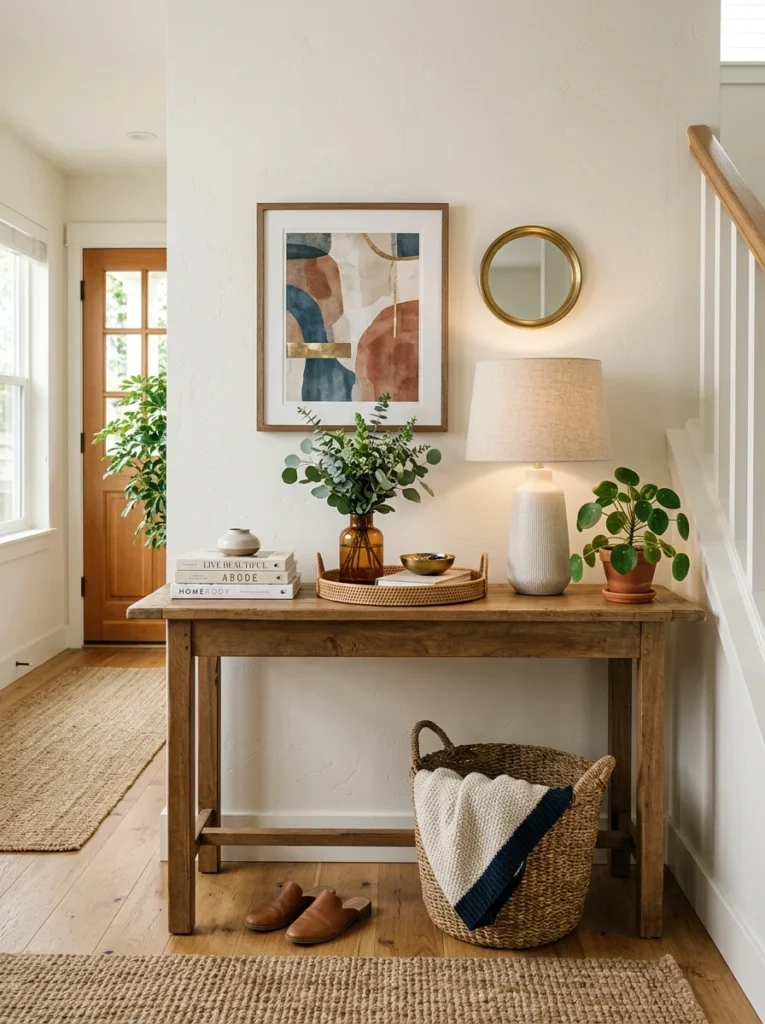 Finished console table styling in a modern entryway.