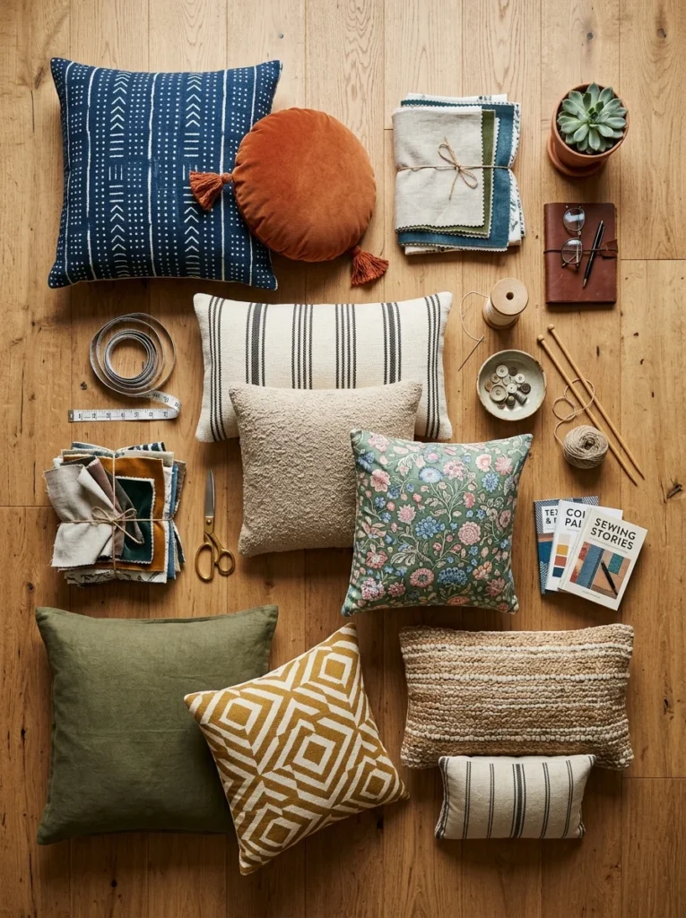 Assorted throw pillows in different sizes, fabrics, and colors.