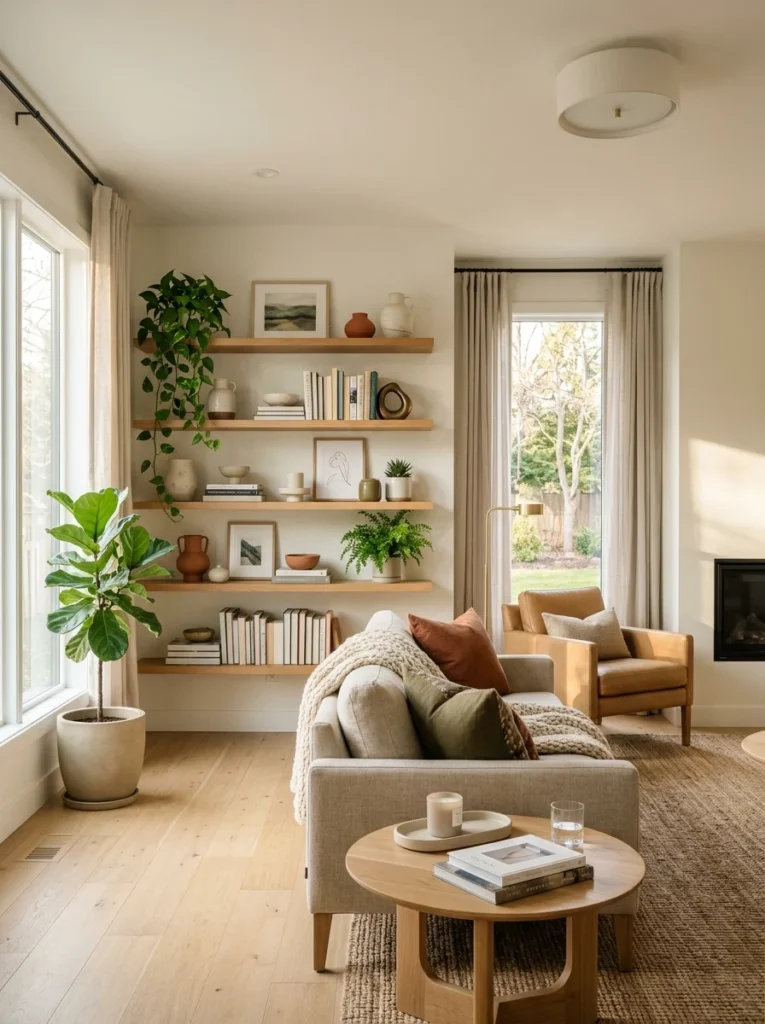 Finished open shelving design featuring curated decor, books, plants, and balanced spacing in a modern living room.