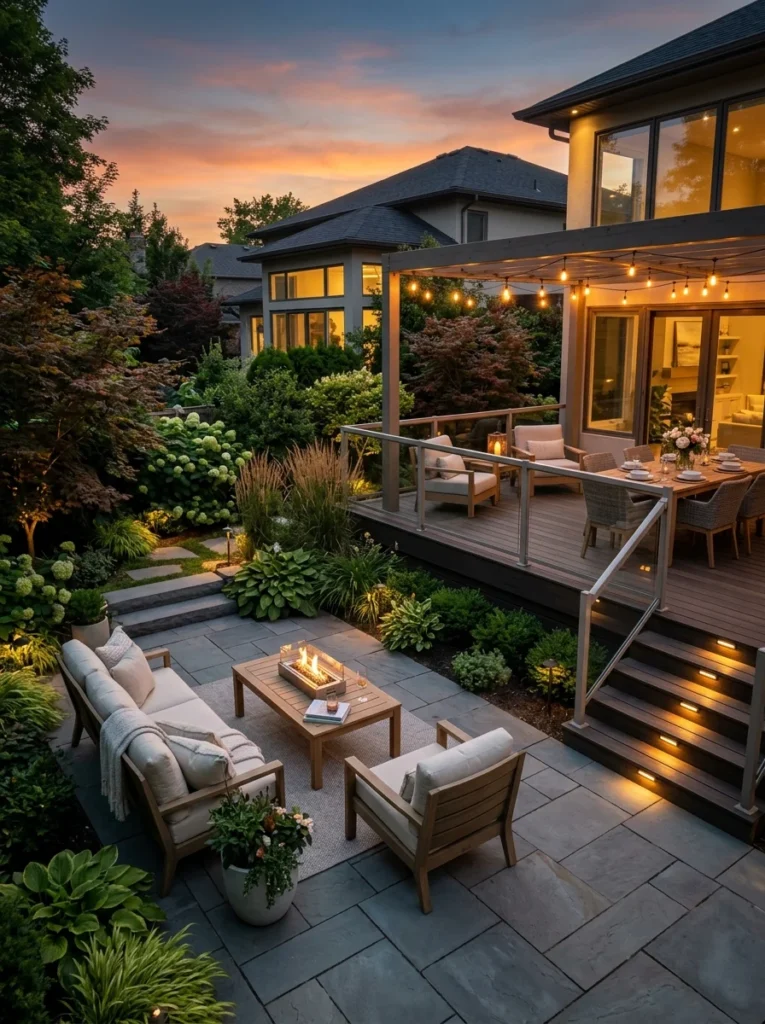 Elegant backyard featuring both a modern patio and raised deck.