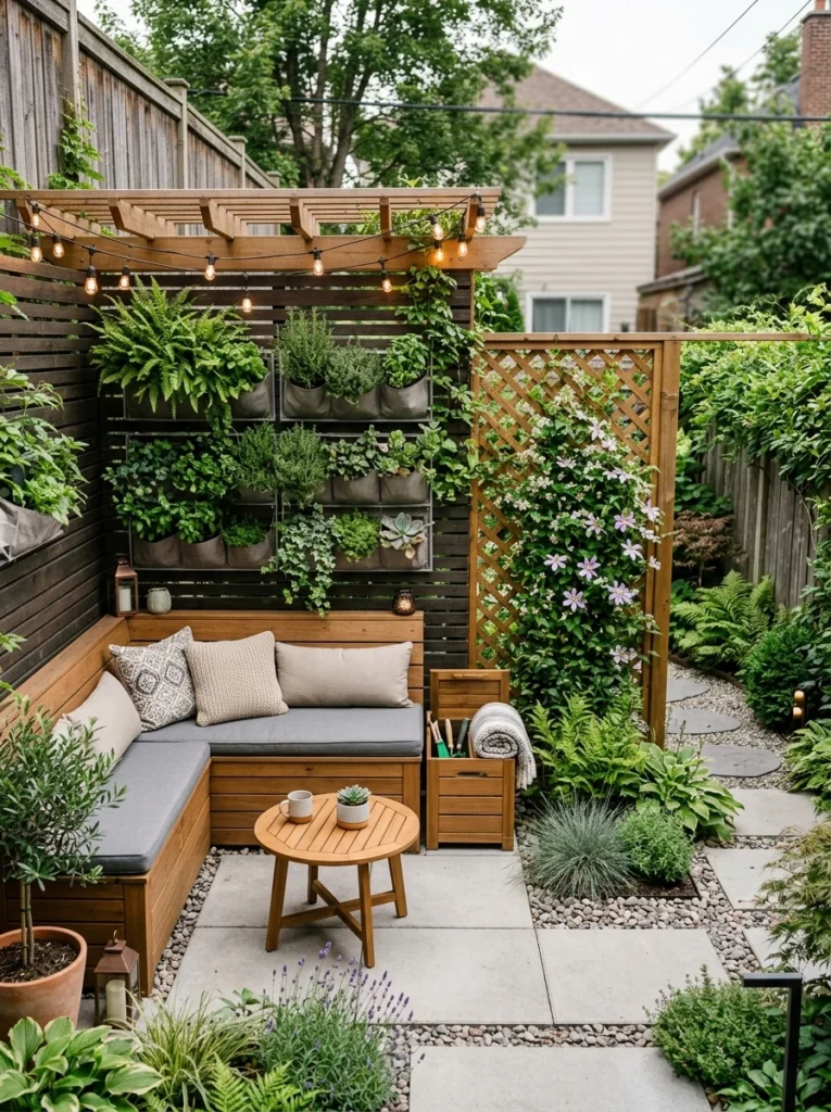 Small backyard showcasing multiple space-saving outdoor ideas.