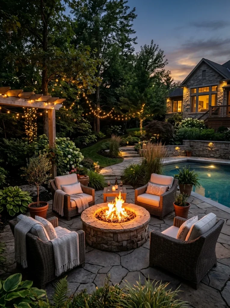 Cozy evening backyard with luxury fire pit