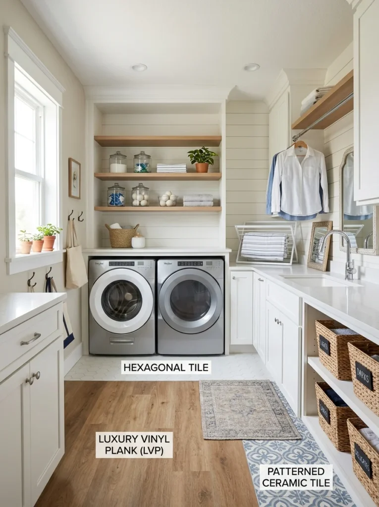 Modern laundry room highlighting popular flooring choices.