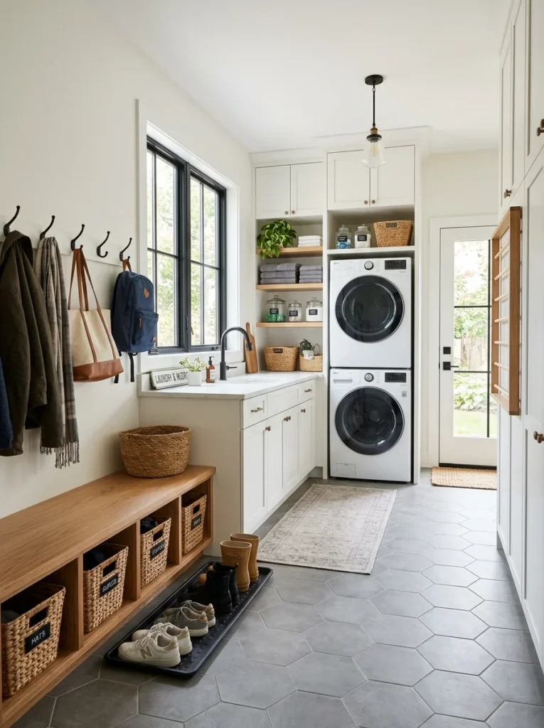 Stylish combined laundry room and mudroom featuring storage, washer, dryer, bench, and waterproof flooring.