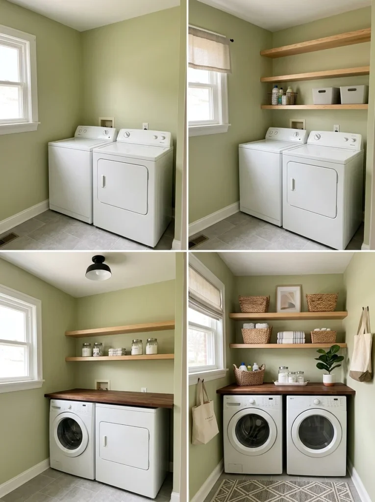 Step-by-step budget-friendly laundry room makeover process.