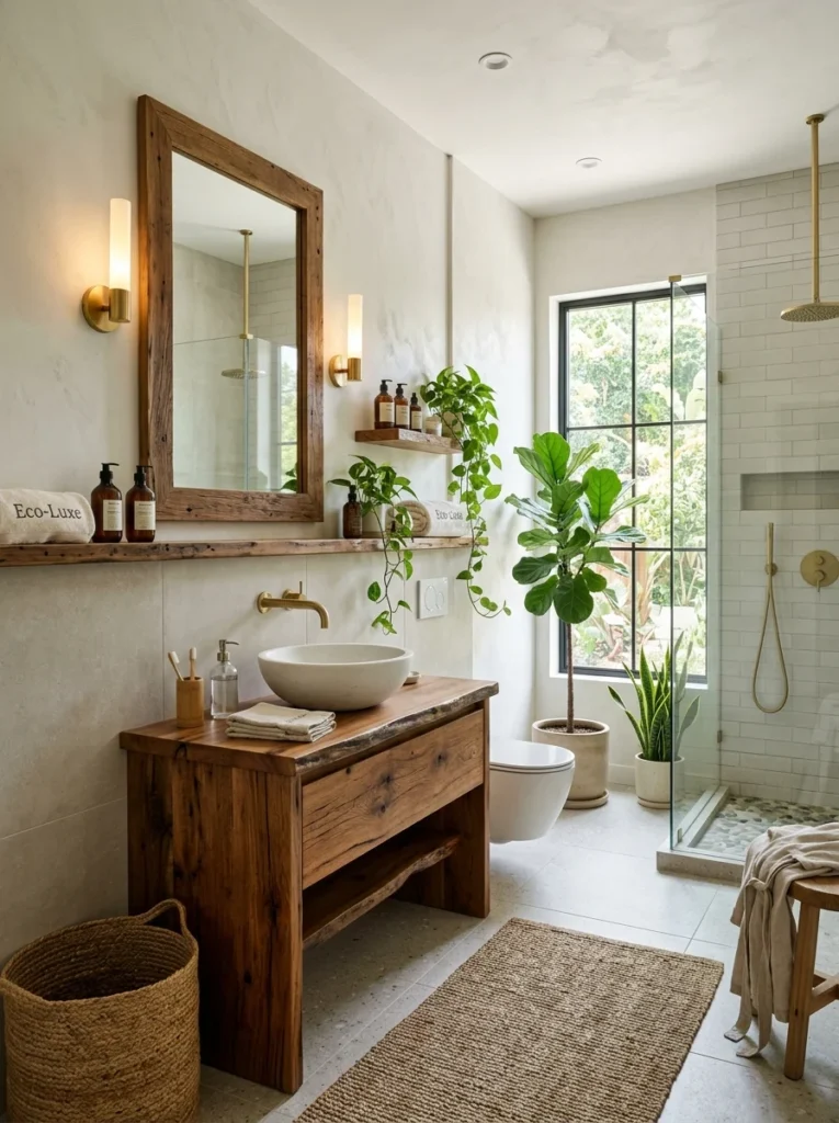 Finished sustainable bathroom featuring water-saving fixtures, natural materials, and energy-efficient upgrades.