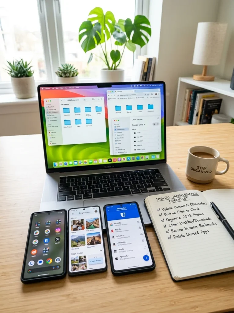Organized digital devices illustrating common digital decluttering solutions and tips.
