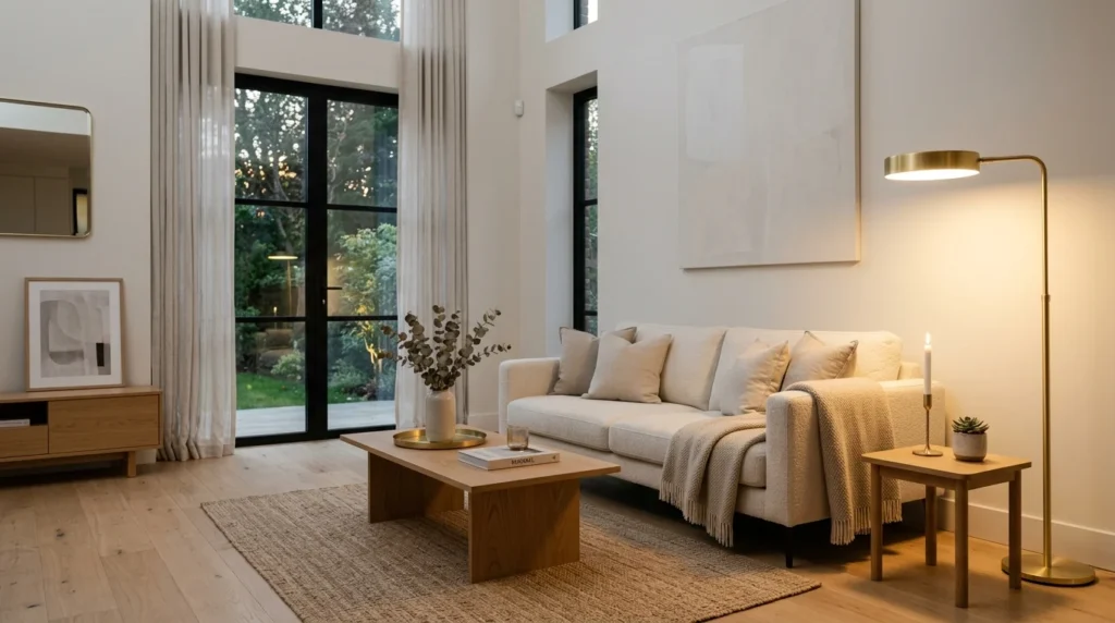 Brushed brass décor adding warmth to a minimalist living room.