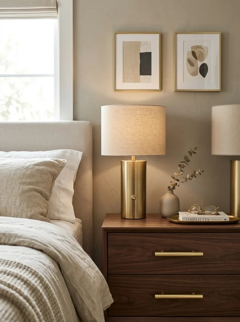 Stylish bedroom hardware and decorative details creating a polished finished look.