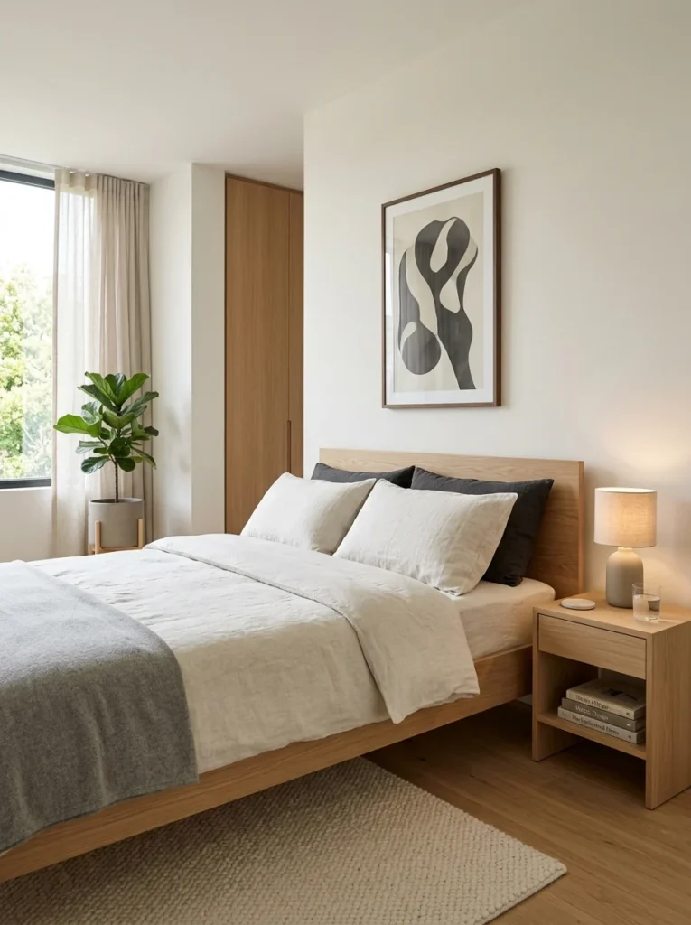 Minimal bedroom with simple decor creating a calm and spacious atmosphere.