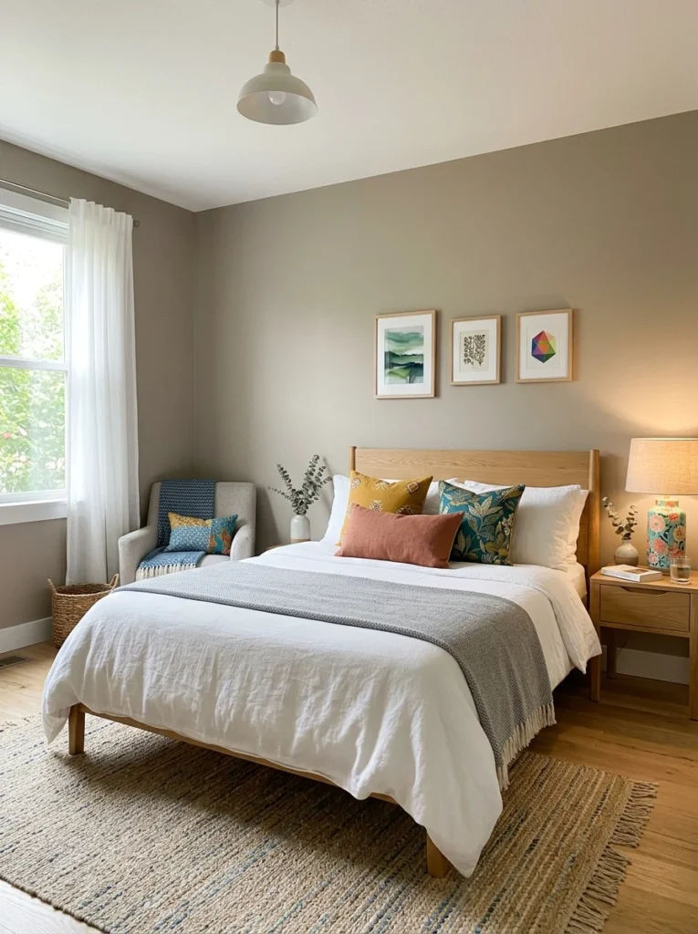 Neutral bedroom with colorful decorative accents and calming walls.
