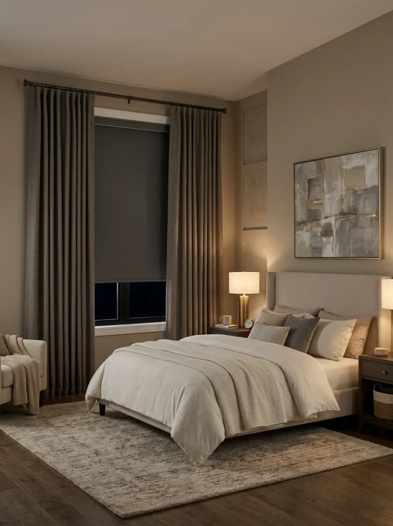Blackout curtains layered with blinds for maximum room darkness.