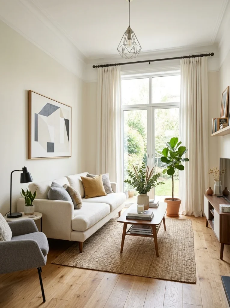 Floor-length curtains making a low-ceiling room appear taller.