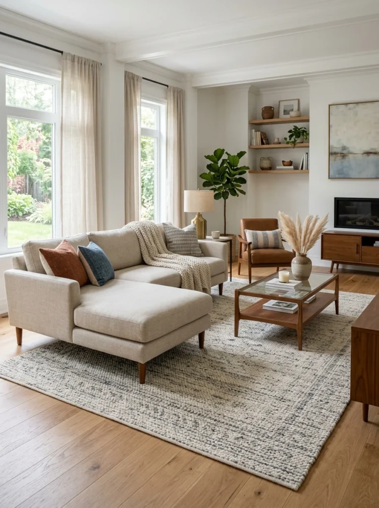 Properly sized area rug placed under the front legs of a sectional sofa.