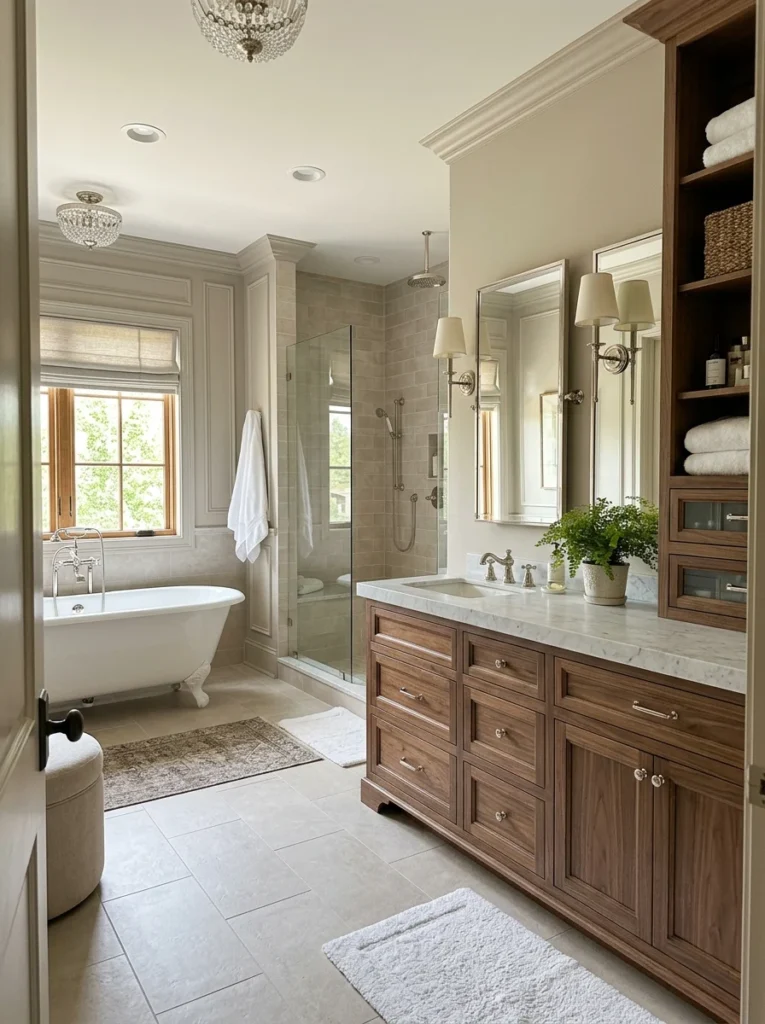 Neutral luxury bathroom with quality materials, layered lighting, and classic layout.