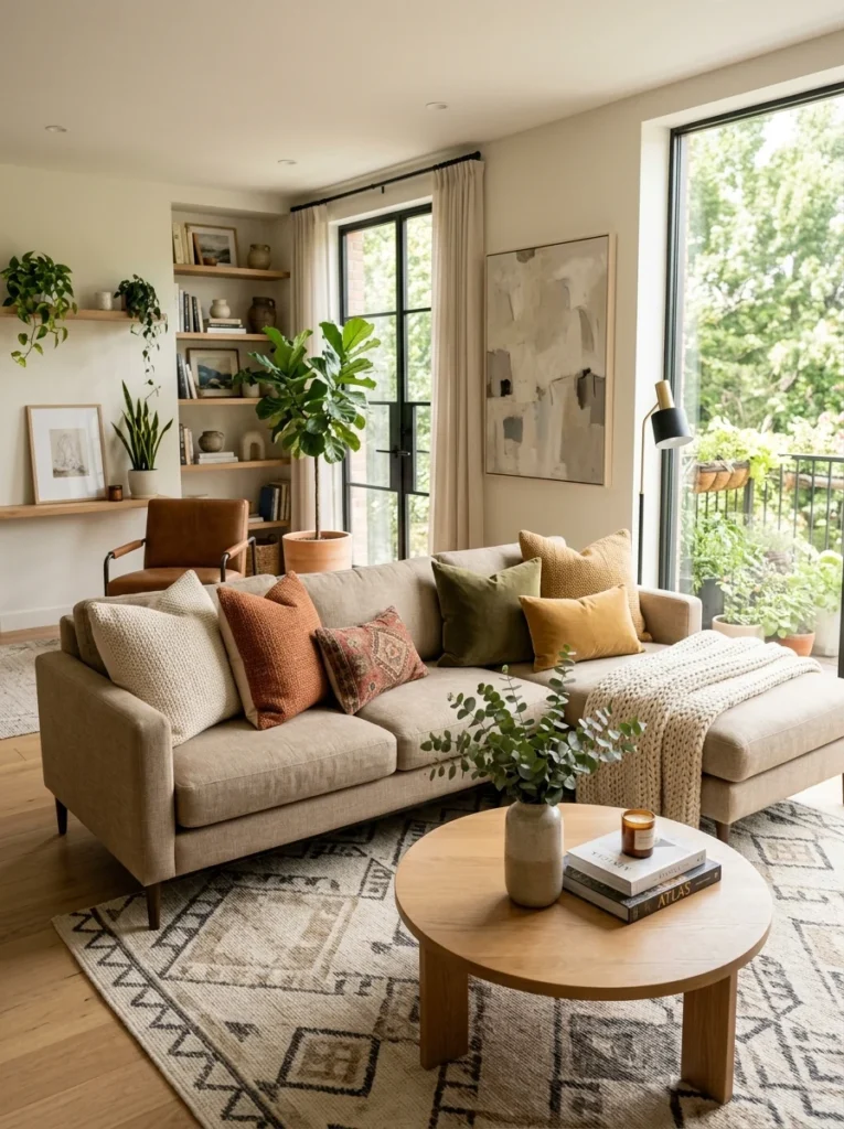Designer-inspired sofa featuring coordinated decorative throw pillows in mixed textures and colors.