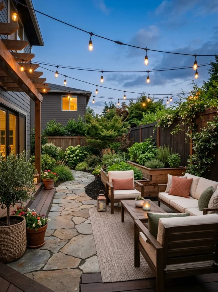 Stylish compact backyard with seating, greenery, and evening lighting.