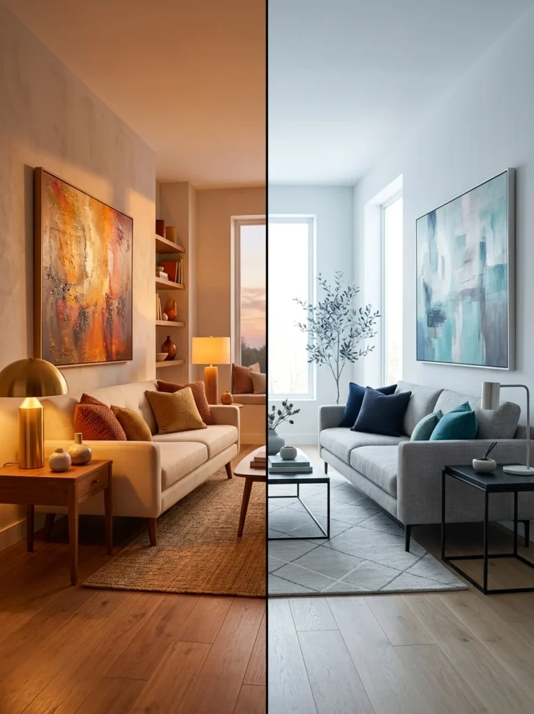 Warm and cool interior lighting paired with artwork that suits each lighting temperature.