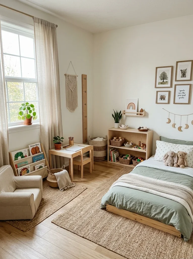 Complete Montessori bedroom with child-friendly furniture and organized learning spaces.