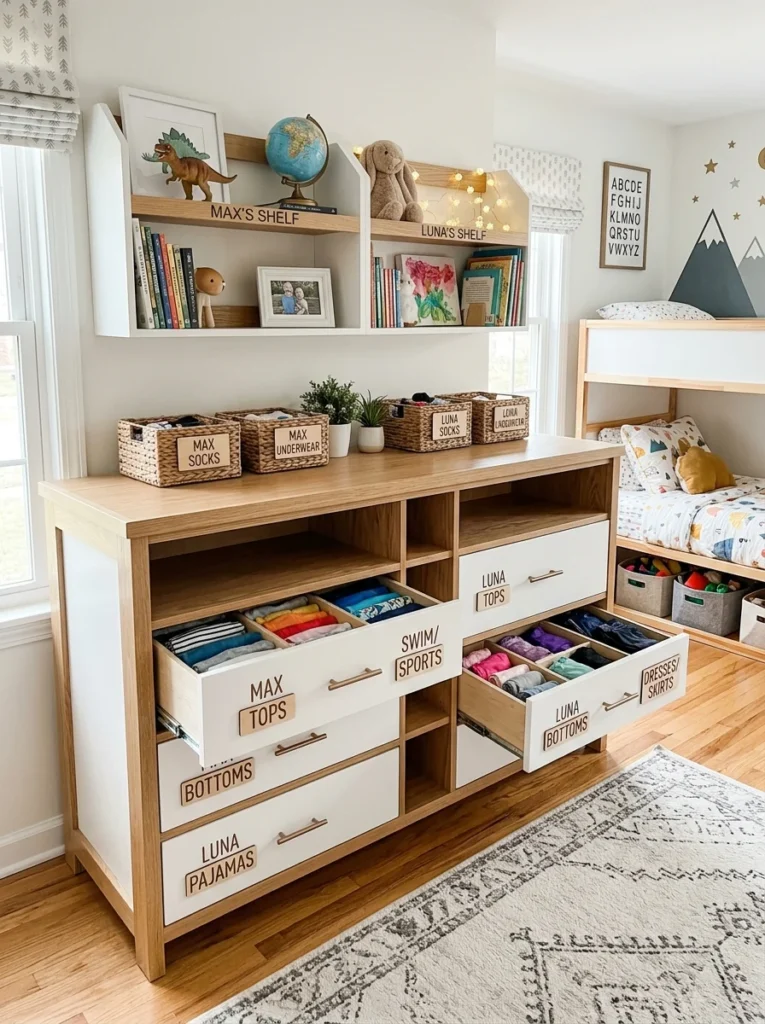 Shared dresser with organized storage assigned to each child.