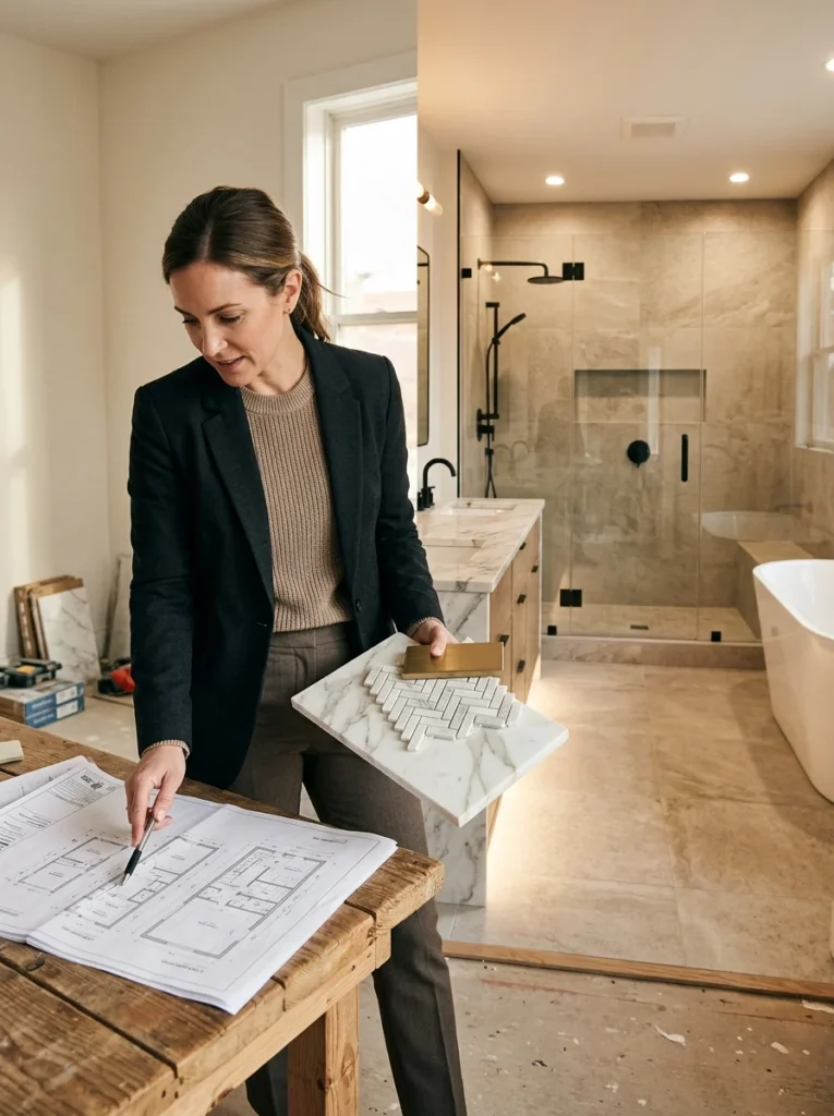 Designer reviewing bathroom renovation materials and modern master bathroom finishes.