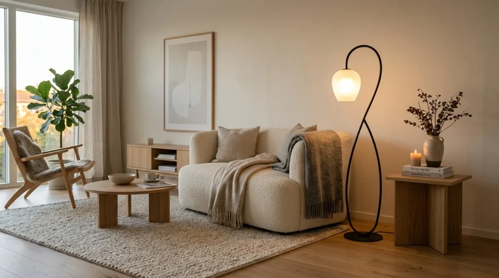 Modern statement floor lamp in a cozy minimalist living room.