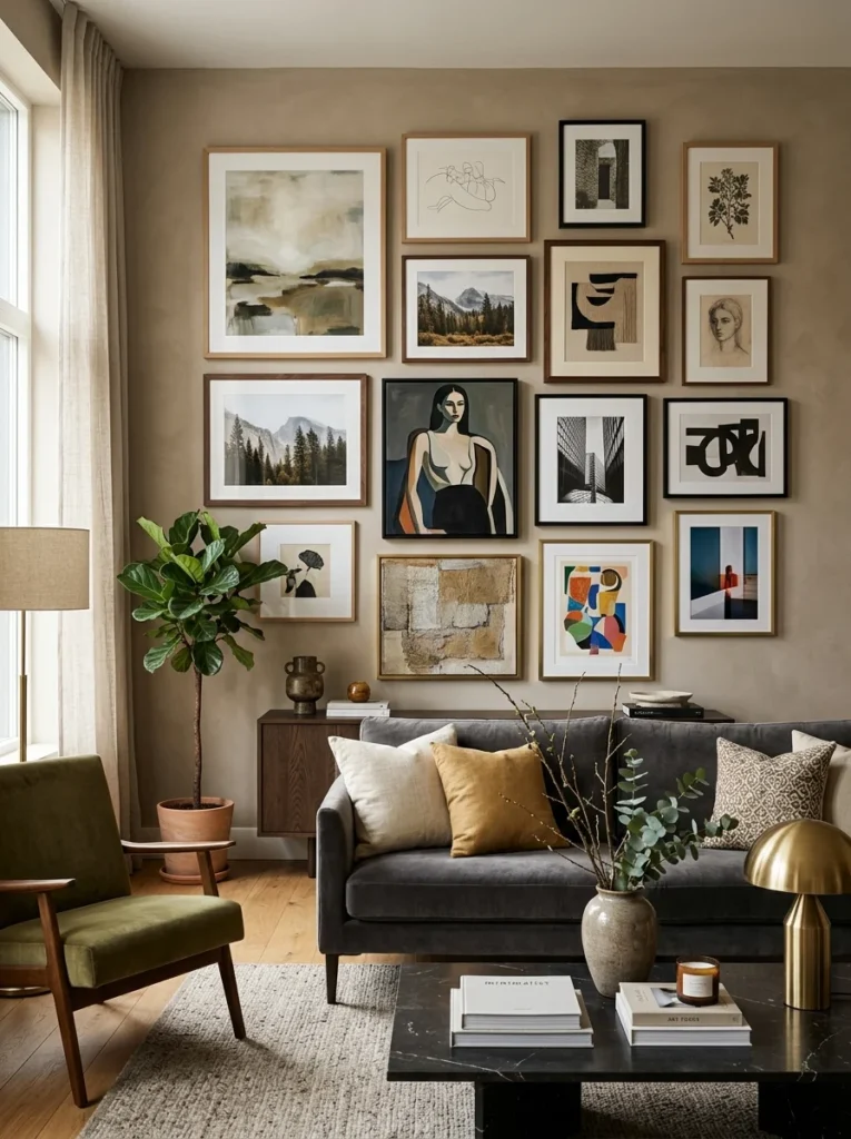 Collection of framed artwork displaying different frame finishes in a stylish modern interior.