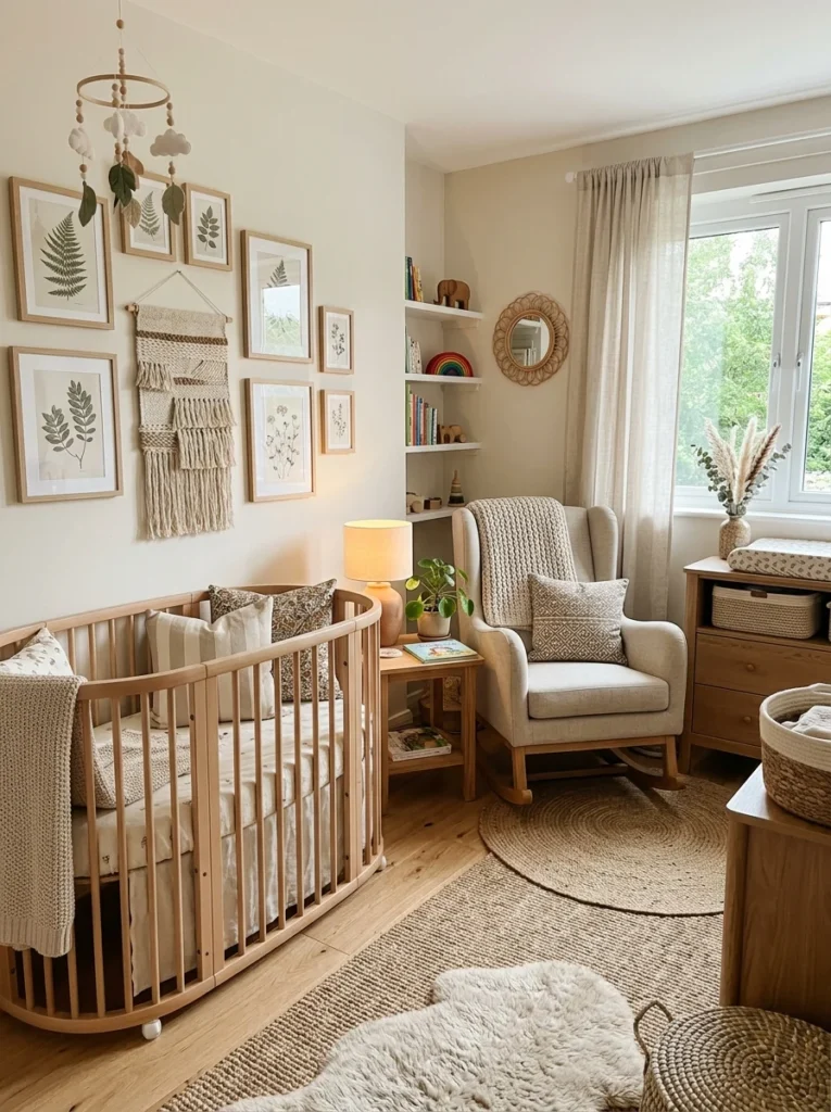 Neutral nursery filled with personality through artwork, textures, and layered decorative accents.