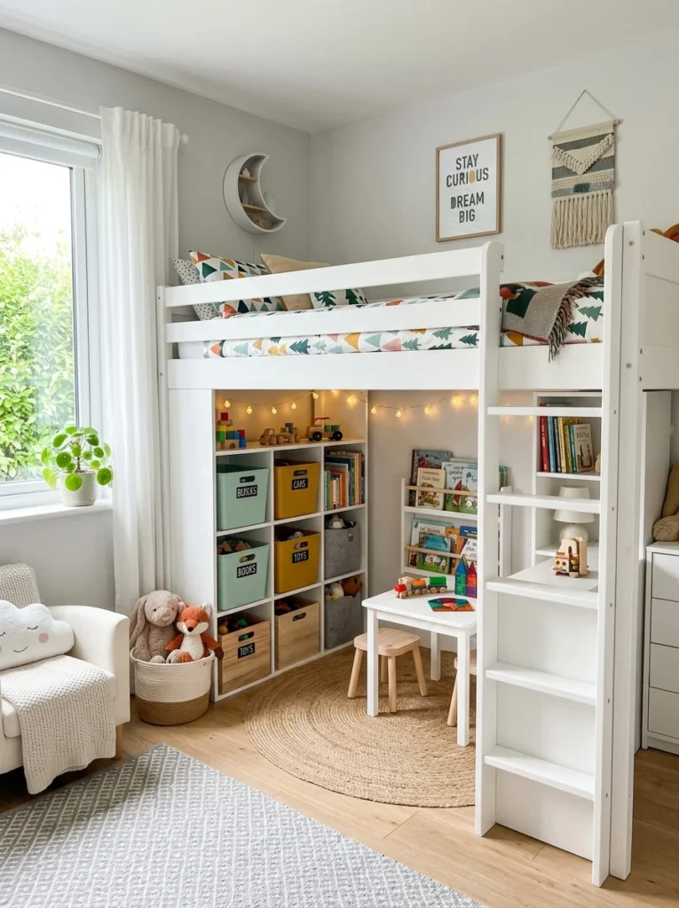 Modern bunk beds maximizing space in a shared kids' room