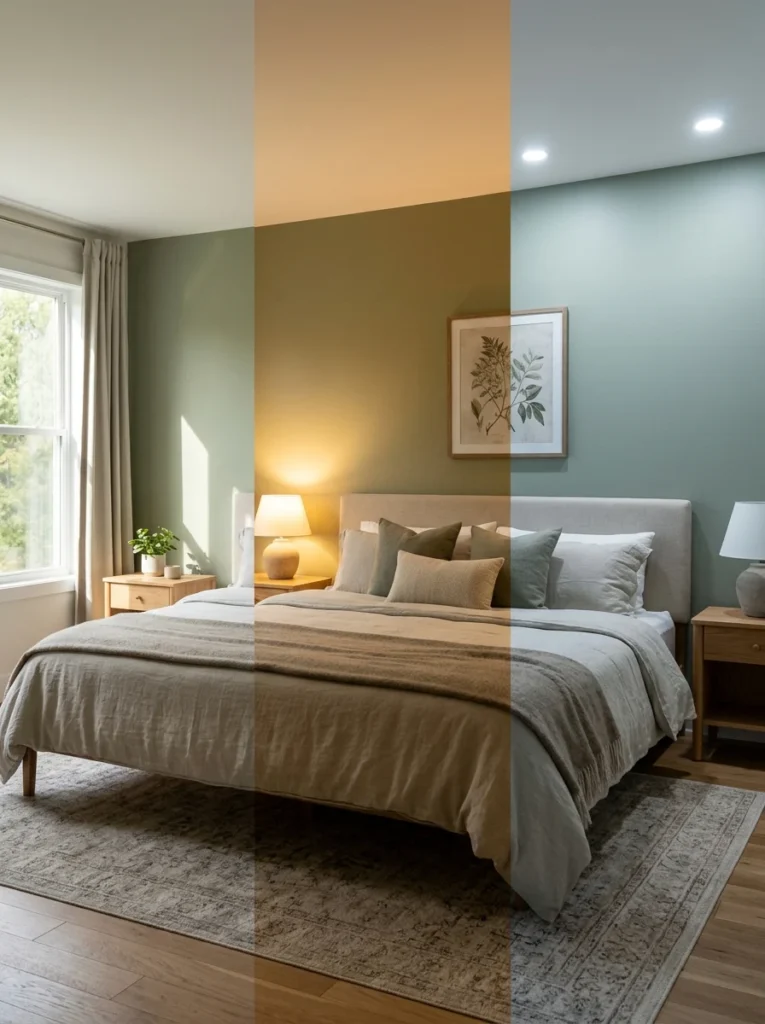 Bedroom showing wall color under multiple lighting conditions.