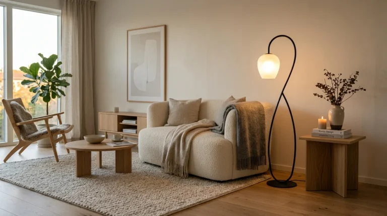 Modern statement floor lamp in a cozy minimalist living room.