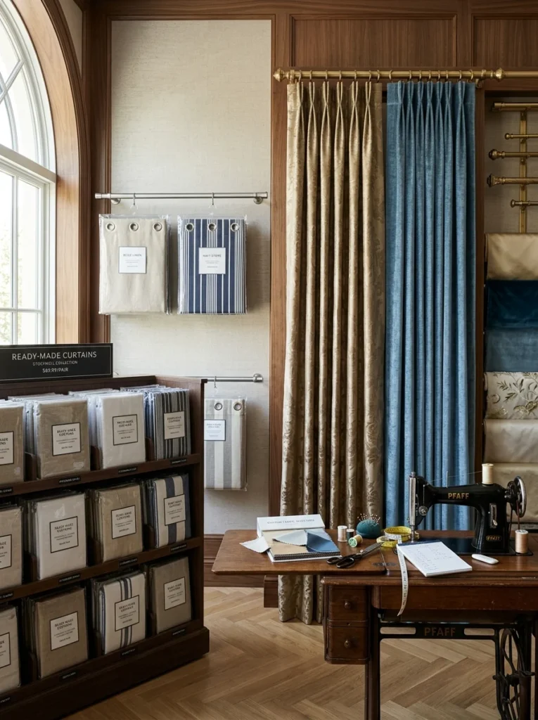 Ready-made curtains compared with professionally hemmed custom panels.