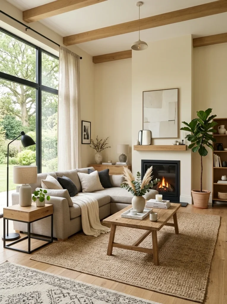 Warm neutral living room with layered textures, natural materials, and timeless decor.