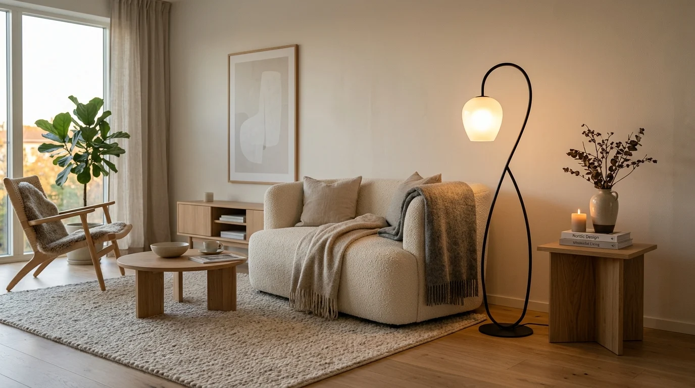 Modern statement floor lamp in a cozy minimalist living room.