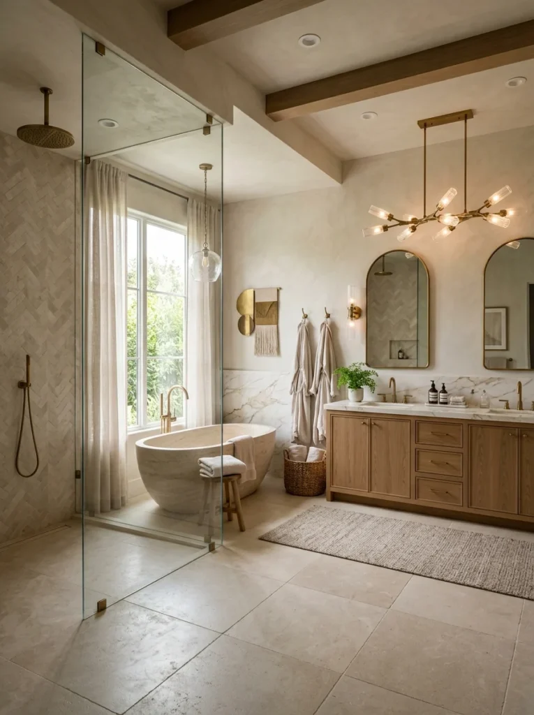 Finished luxury master bathroom combining timeless design with the top bathroom trends for 2026.