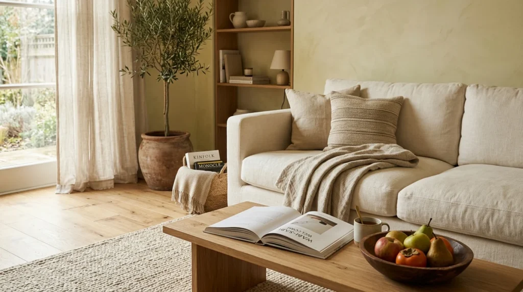 Warm minimalist living room with books, wooden bowl, and soft throw blanket.