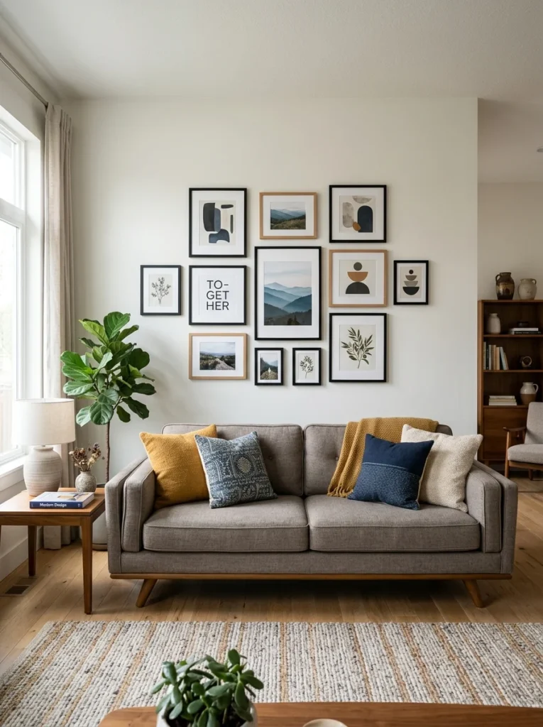 Gallery wall positioned correctly above furniture.