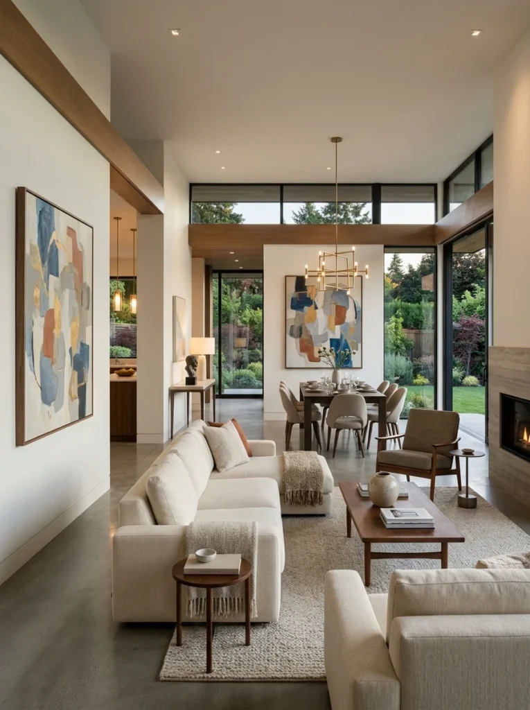 Open-plan home with matching artwork that creates a seamless transition between connected living spaces.