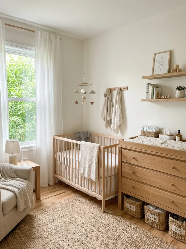 Functional nursery setup featuring a crib, changing station, and organized storage before baby's arrival.