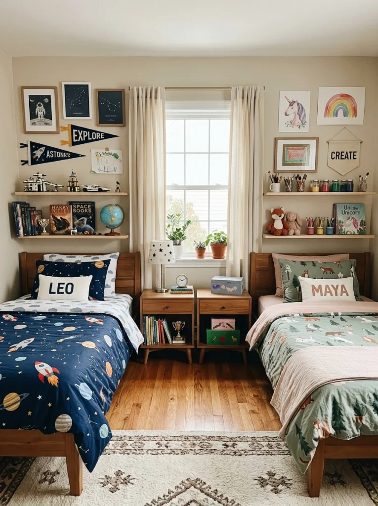 Personalized decor ideas for siblings sharing one bedroom.