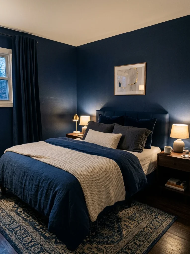 Deep navy bedroom creating a warm and restful sleeping environment.