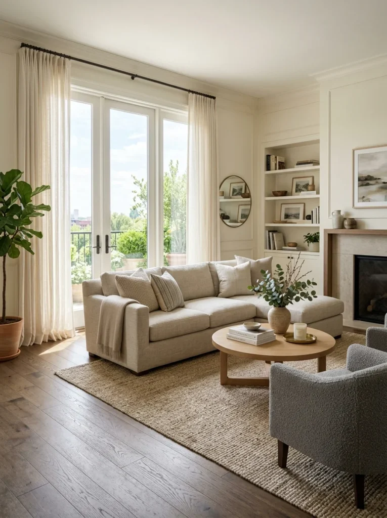 Stylish living room showcasing perfectly measured floor-length curtains.