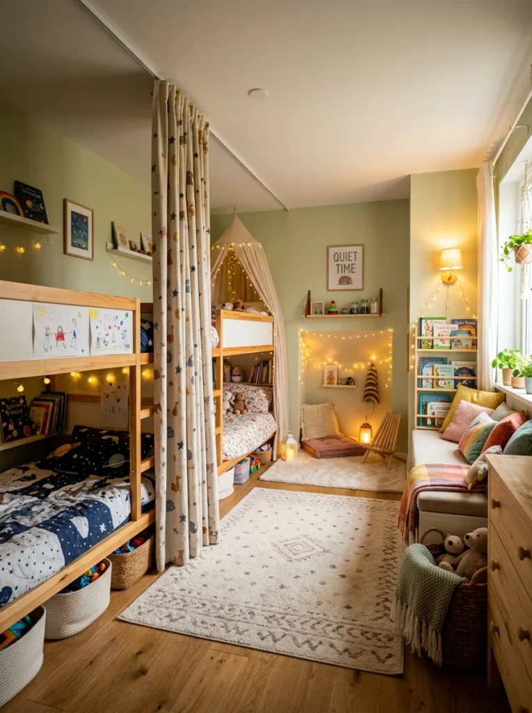 Shared bedroom with privacy curtain and cozy personal corner.