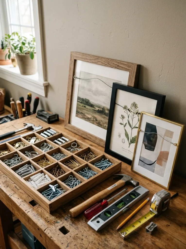 Picture hooks and wall anchors for hanging artwork.