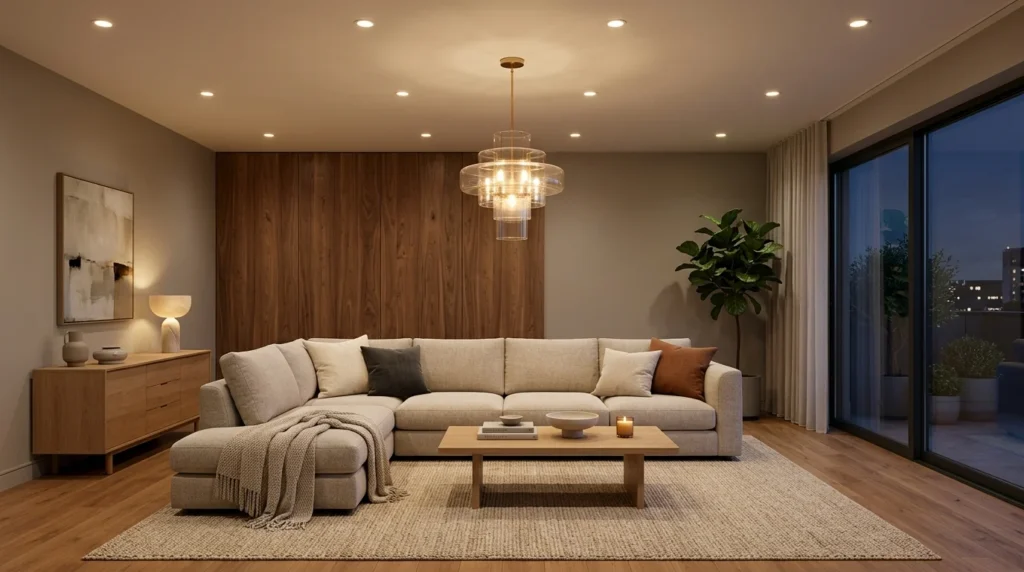 Modern living room illuminated with warm ceiling lighting providing comfortable overall brightness.