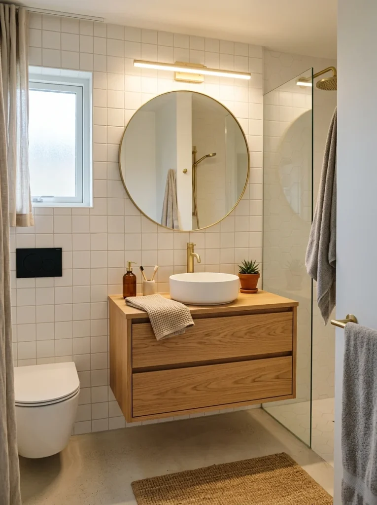 Small bathroom featuring a floating vanity that makes the room appear larger.