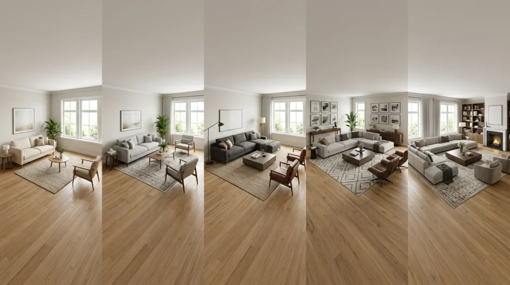 Different living room layouts demonstrating common area rug sizes.