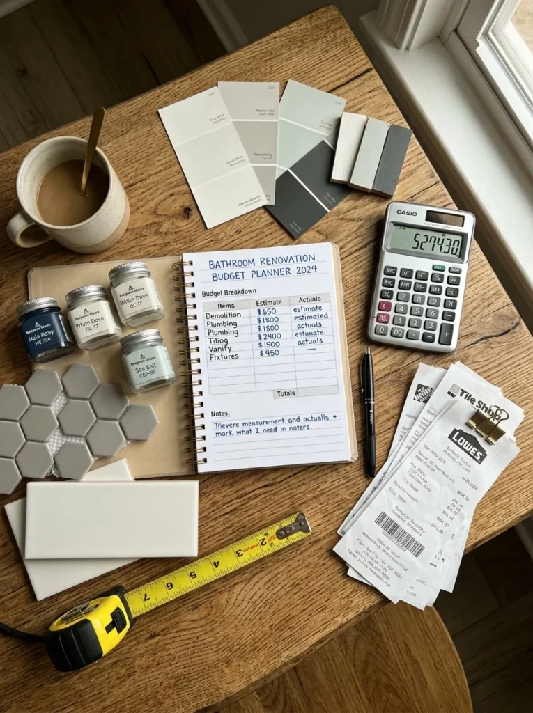 Budget planning materials for an affordable bathroom renovation project.
