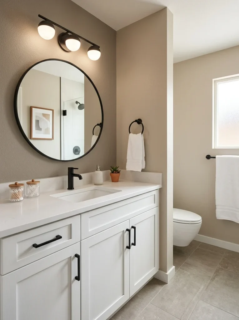 Updated guest bathroom with new faucet, cabinet pulls, and matching fixtures.