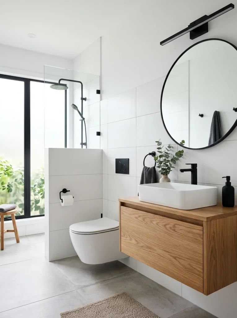 Modern dual-flush toilet designed to conserve water in an eco-friendly bathroom.